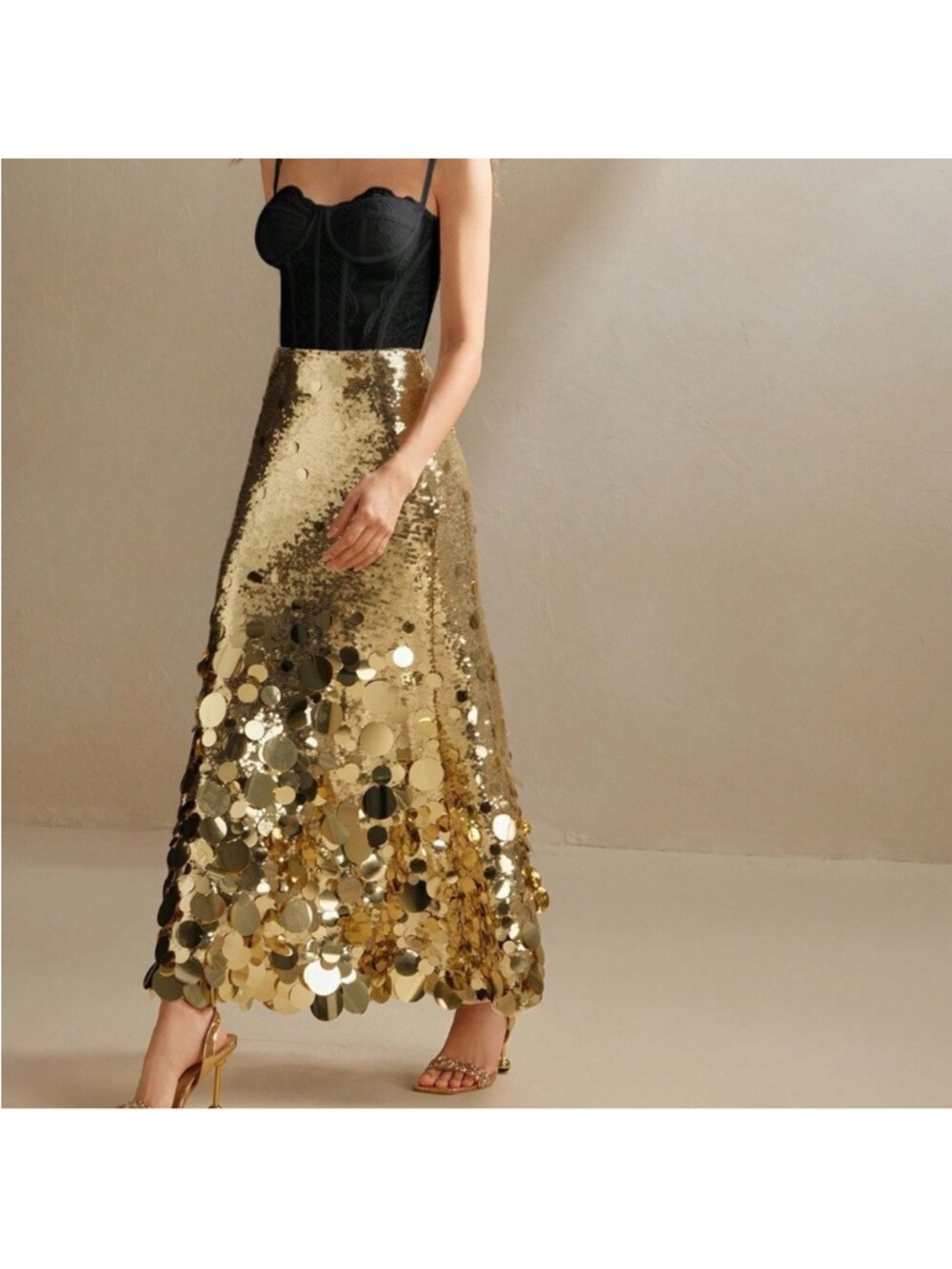 Paco Rabanne for H&M Gold Sequin A-Line Skirt with Disc Fringe - Picture 6 of 6